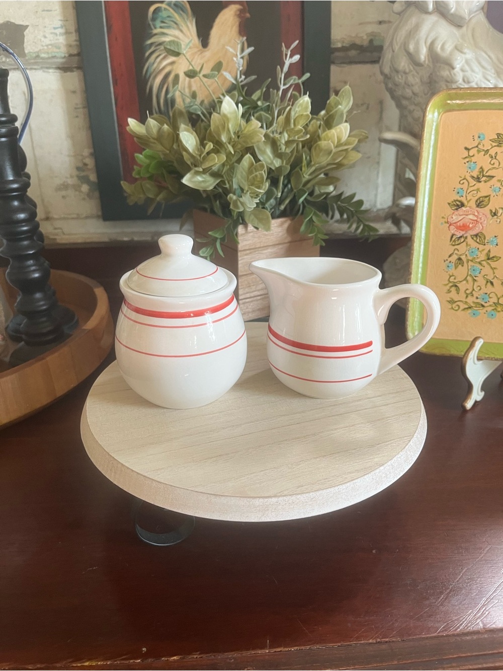 Farmhouse Style White Ceramic Creamer and Sugar Set White with Red Stripes